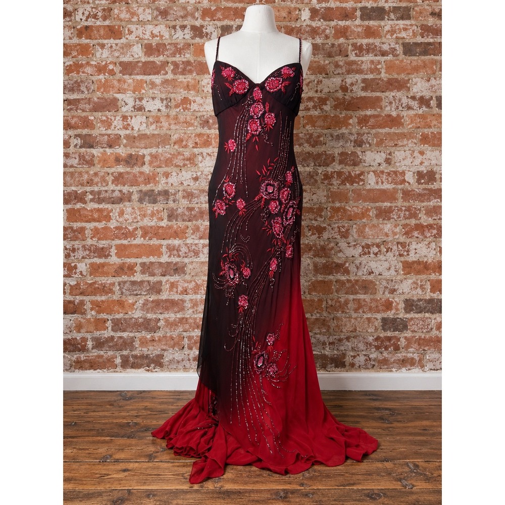 Y2K VTG Sue Wong 100% Silk Beaded Floral Gown Red Black 10 Fairy Whimsigoth